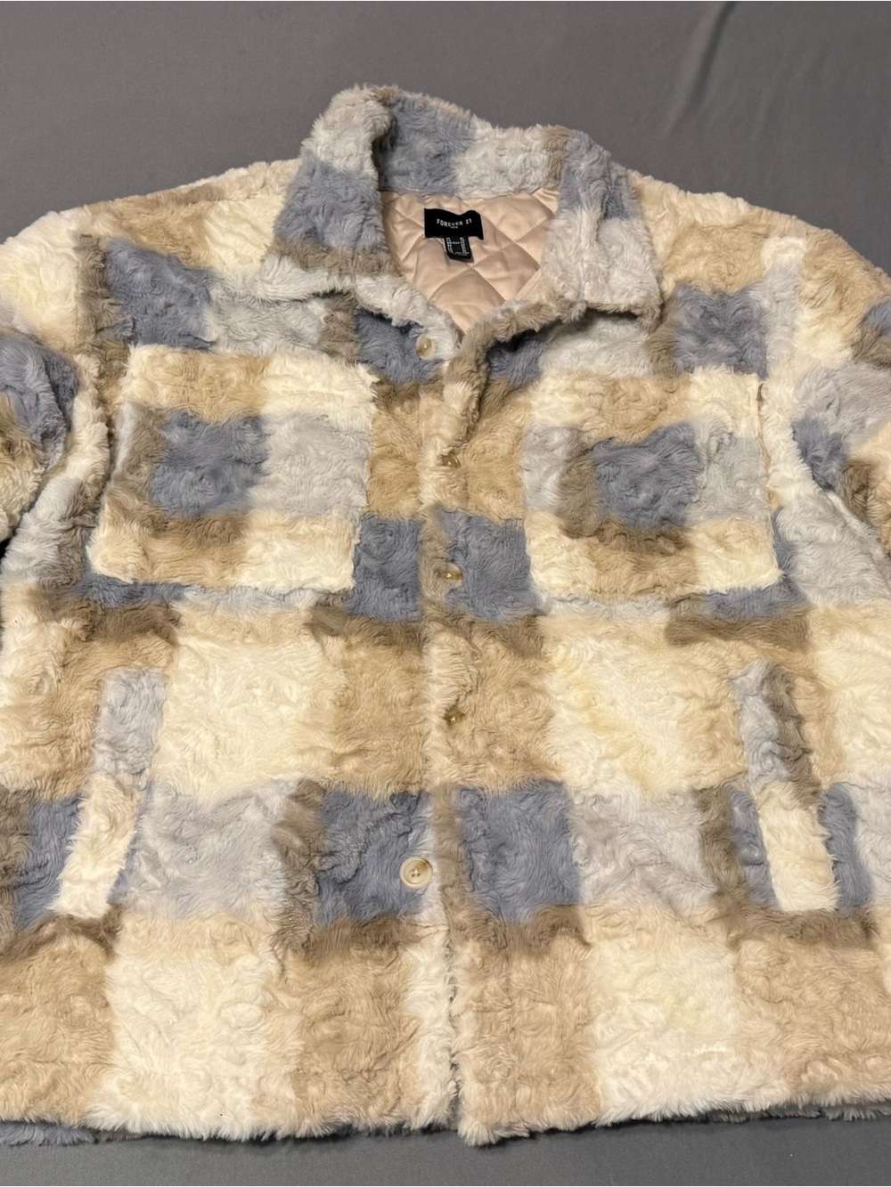 Forever 21 Cream, Gray & Tan Faux Fur Plaid Shacket
